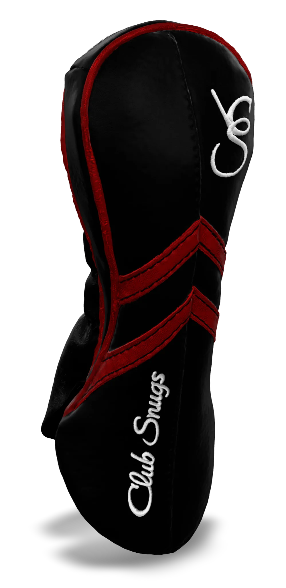 Left-Side view of a Black, Black, Red, and Red Retro-T Fairway Headcover with Dual-V stripe and split seam