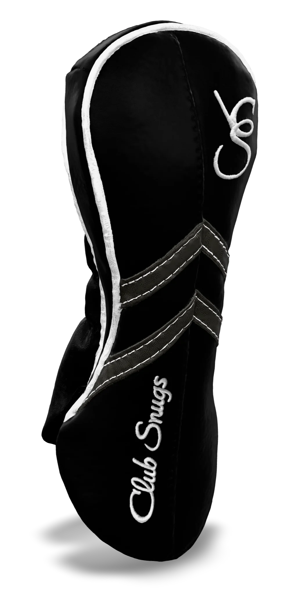 Left-Side view of a Black, Black, Gray, and White Retro-T Fairway Headcover with Dual-V stripe and split seam