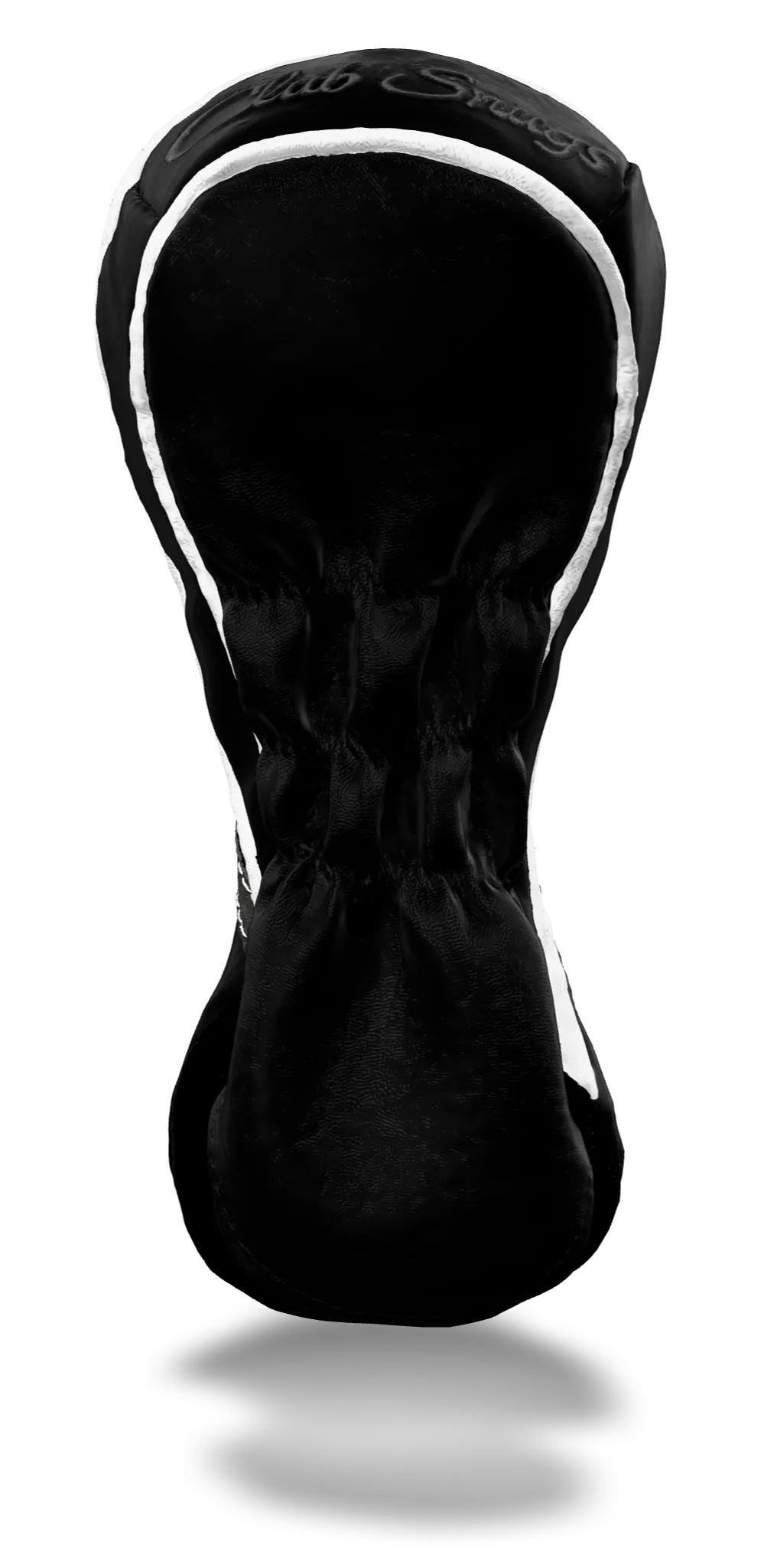 Back view of a Black, Black, Gray, and White Retro-T Fairway Headcover with Dual-V stripe and split seam