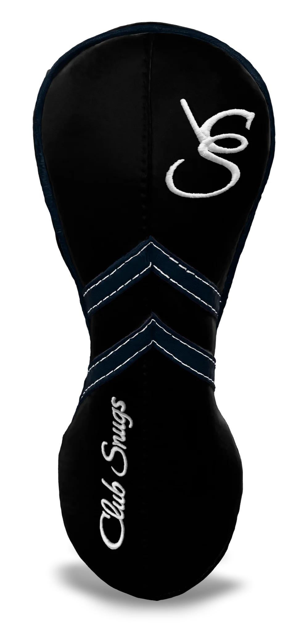 Front View view of a Black, Black, Navy, and Navy Retro-T Fairway Headcover with Dual-V stripe and split seam