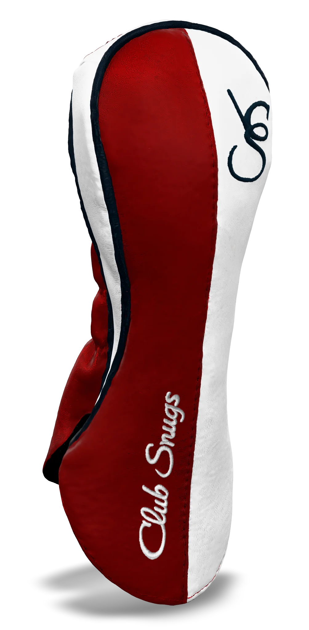 Left-Side view of a Bold Red, White, Navy, and Navy Classic Fairway Headcover with split seam