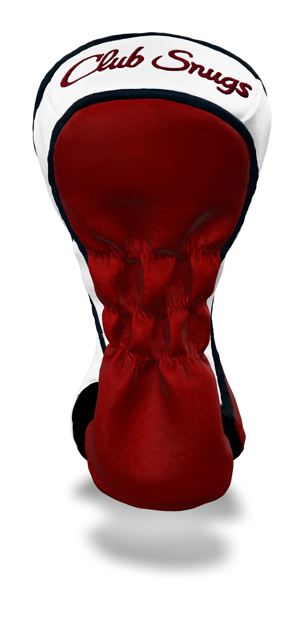 Back view of a Bold Red, White, Navy, and Navy Classic Fairway Headcover with split seam