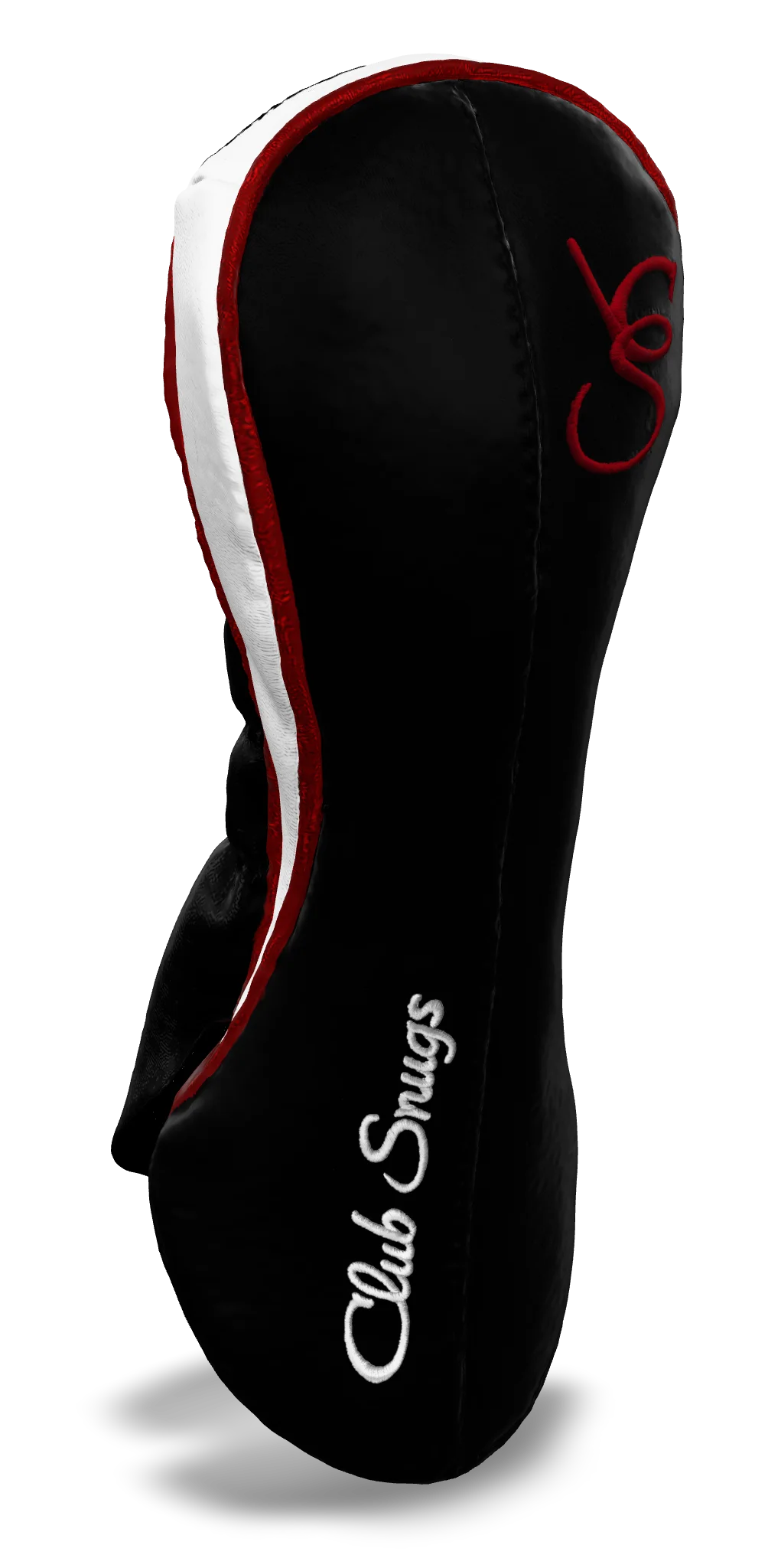 Left-Side view of a Bold Black, Black, Red, and Red Classic Fairway Headcover with split seam