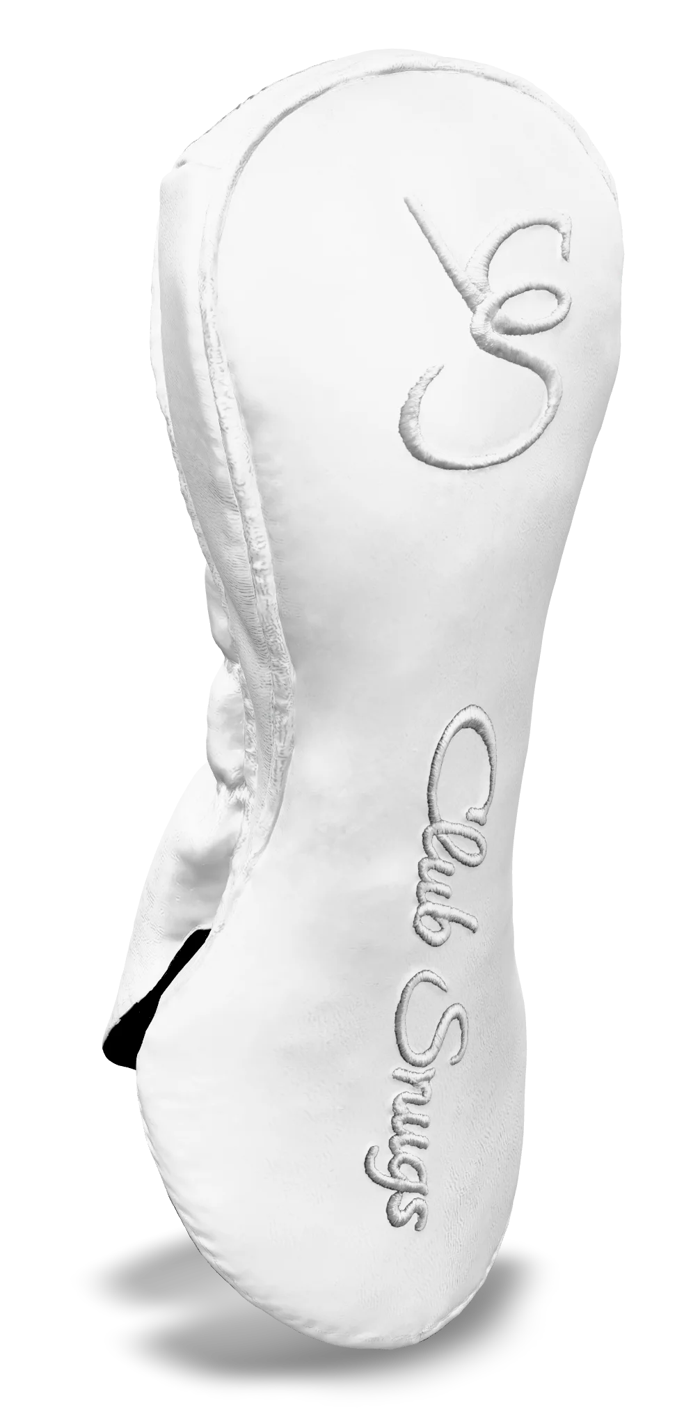 Left-Side view of a White, White, White, and White Shield Fairway Headcover with bold branding