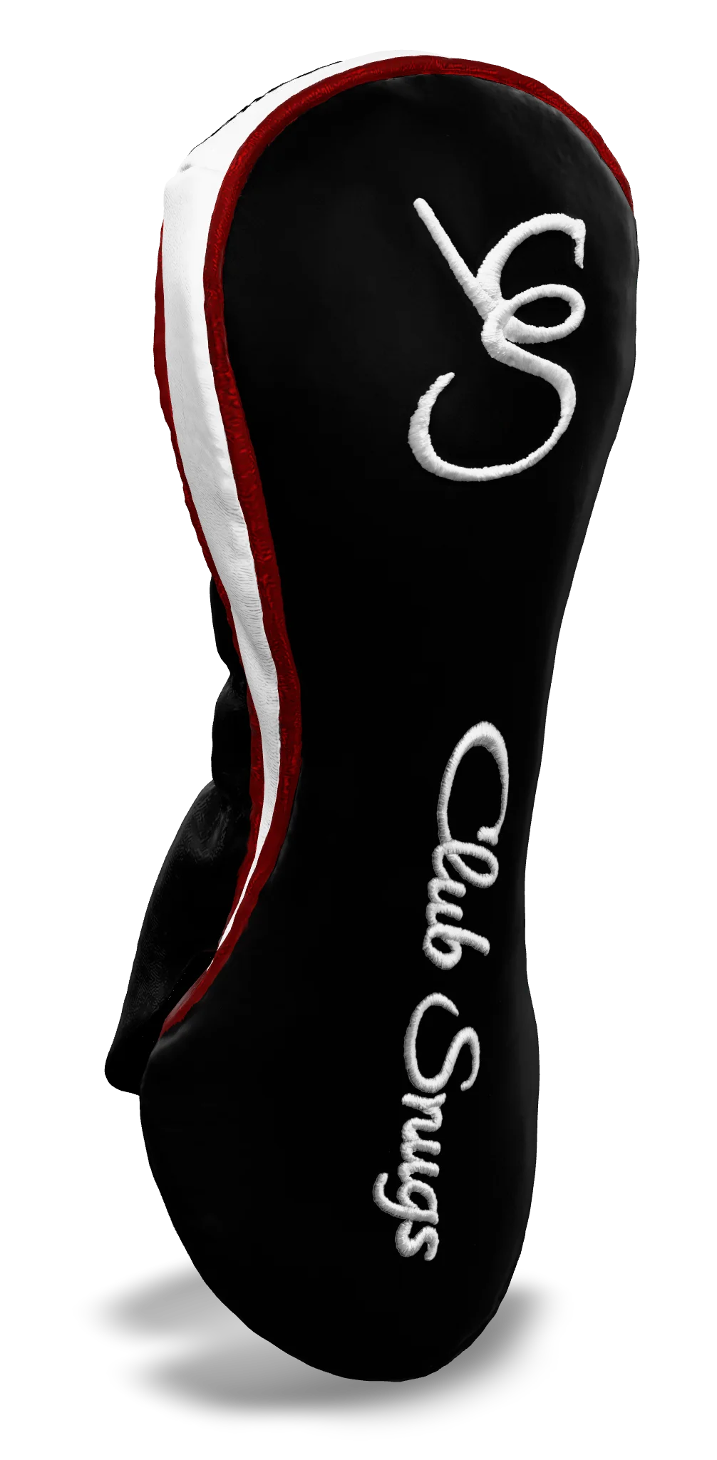 Left-Side view of a Black, Red, White, and White Shield Fairway Headcover with bold branding