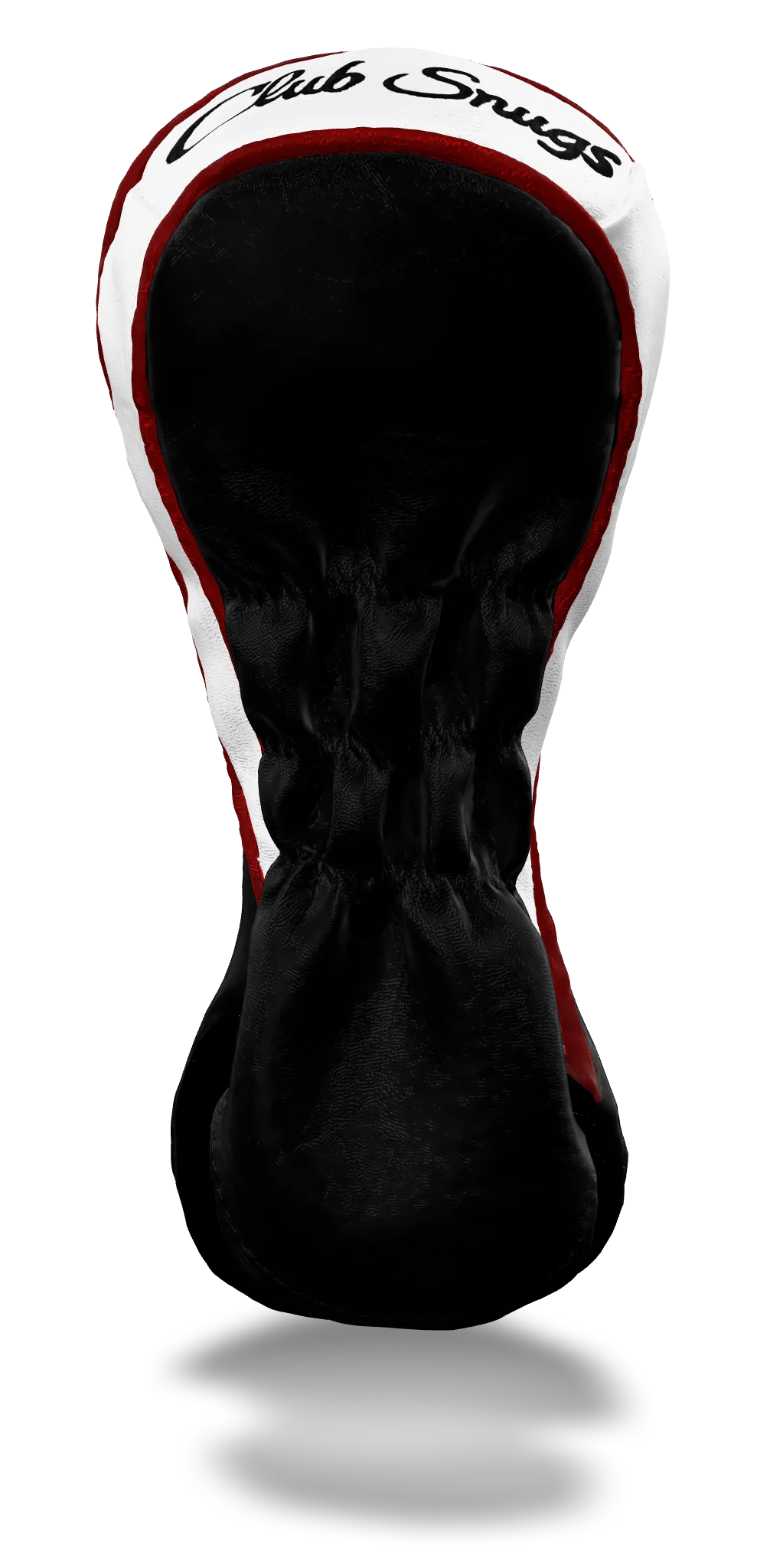 Back view of a Black, Red, White, and White Shield Fairway Headcover with bold branding