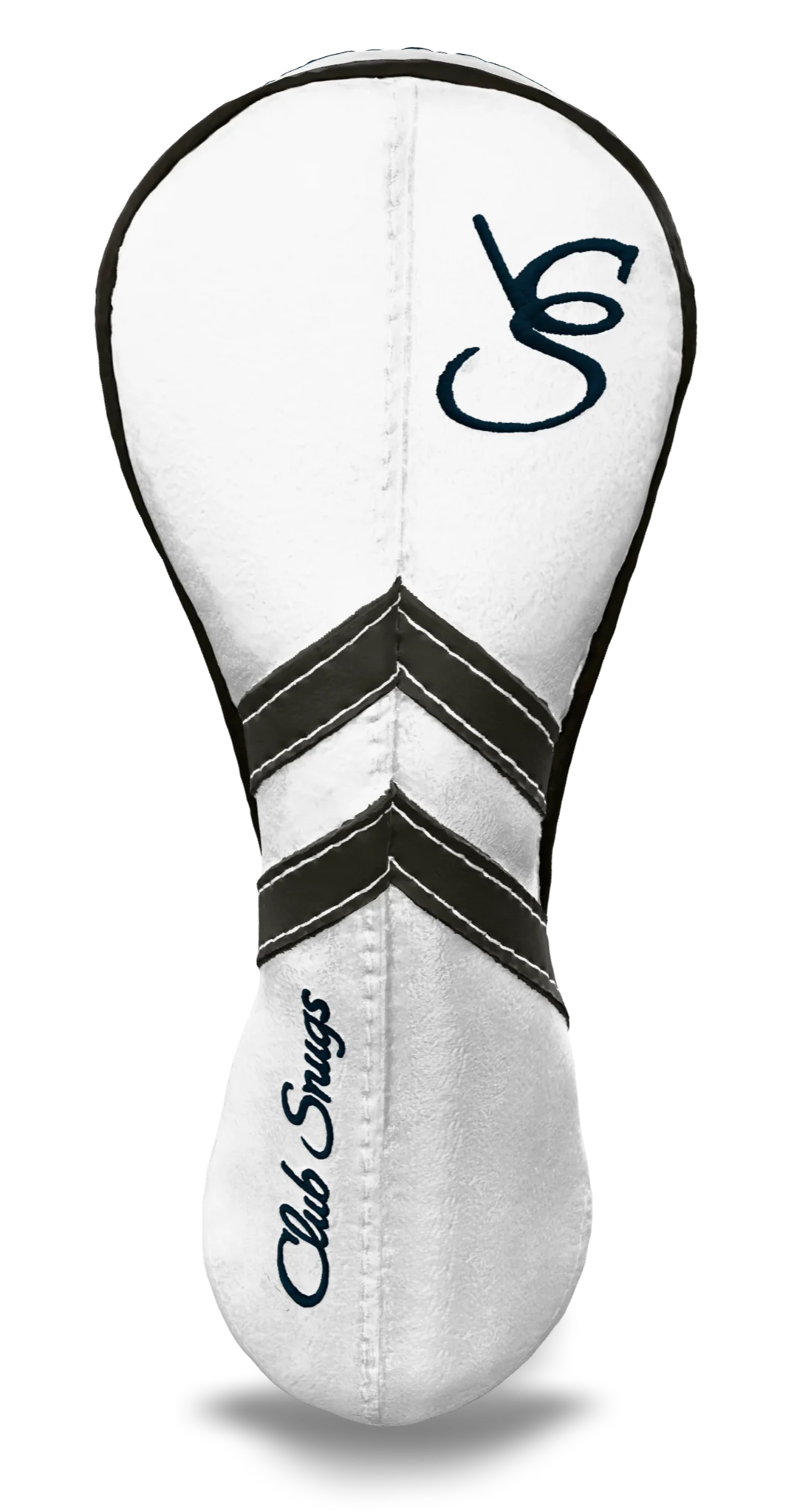 Front view of a White, White, Gray, and Gray Retro-T Hybrid Headcover with Dual-V stripe and split seam