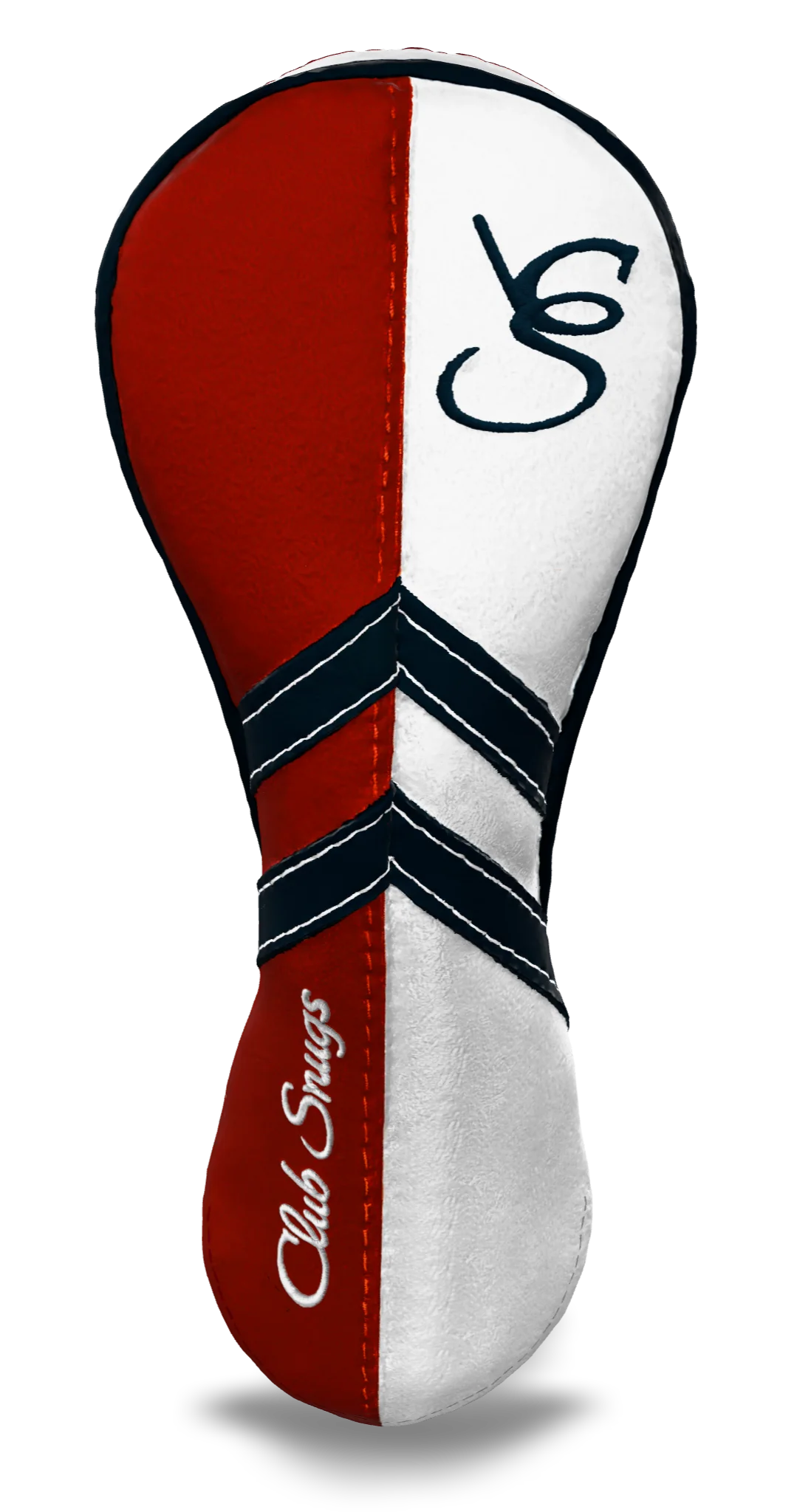 Front View view of a Red, White, Navy, and Navy Retro-T Hybrid Headcover with Dual-V stripe and split seam