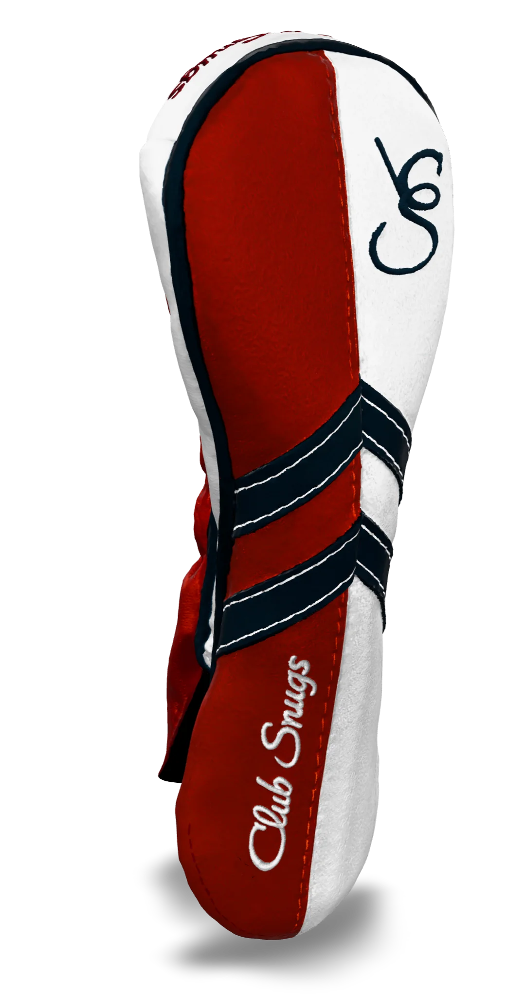 Left-Side view of a Red, White, Navy, and Navy Retro-T Hybrid Headcover with Dual-V stripe and split seam