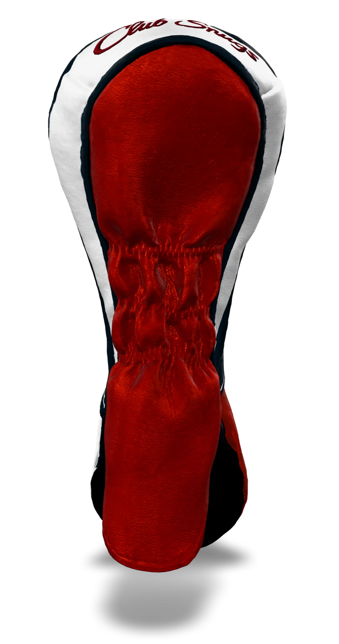 Back view of a Red, White, Navy, and Navy Retro-T Hybrid Headcover with Dual-V stripe and split seam