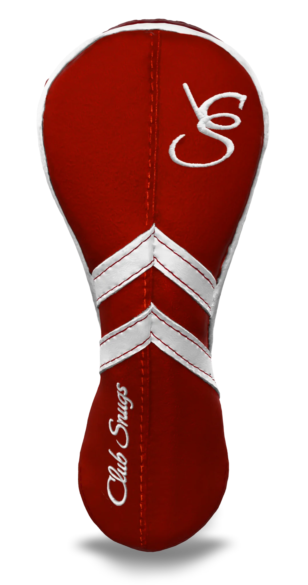 Front view of a Red, Red, White, and White Retro-T Hybrid Headcover with Dual-V stripe and split seam