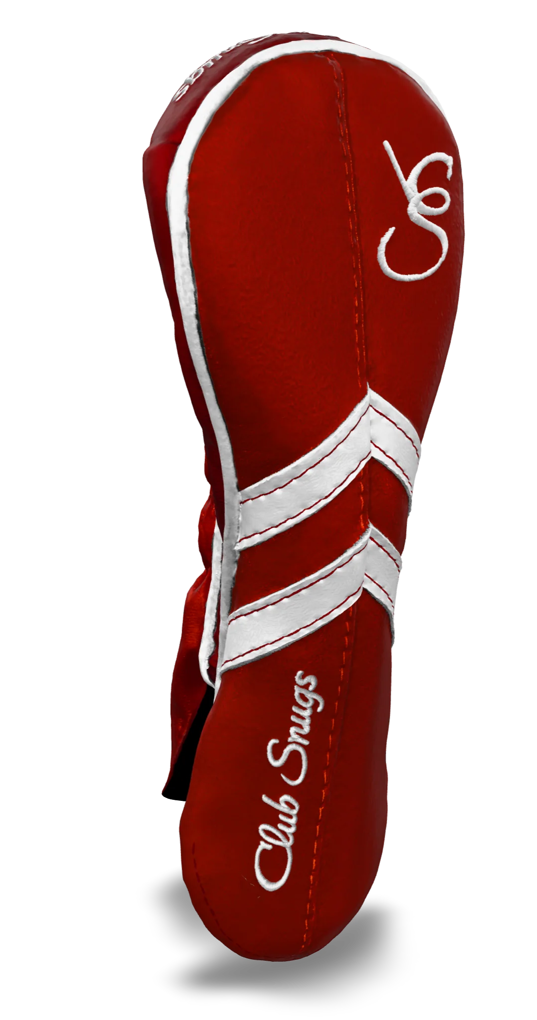Left-Side view of a Red, Red, White, and White Retro-T Hybrid Headcover with Dual-V stripe and split seam