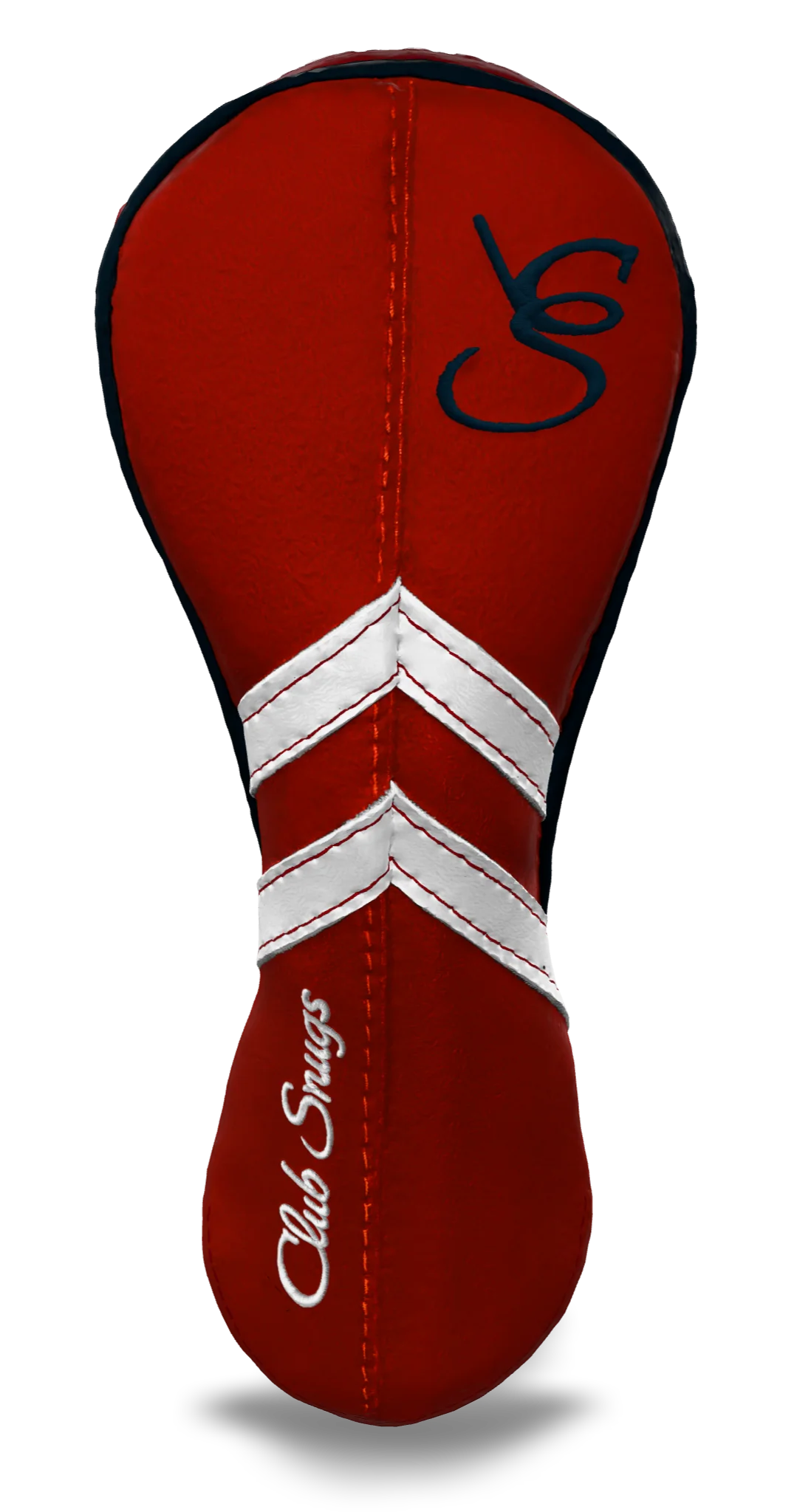 Front view of a Red, Red, White, and Navy Retro-T Hybrid Headcover with Dual-V stripe and split seam