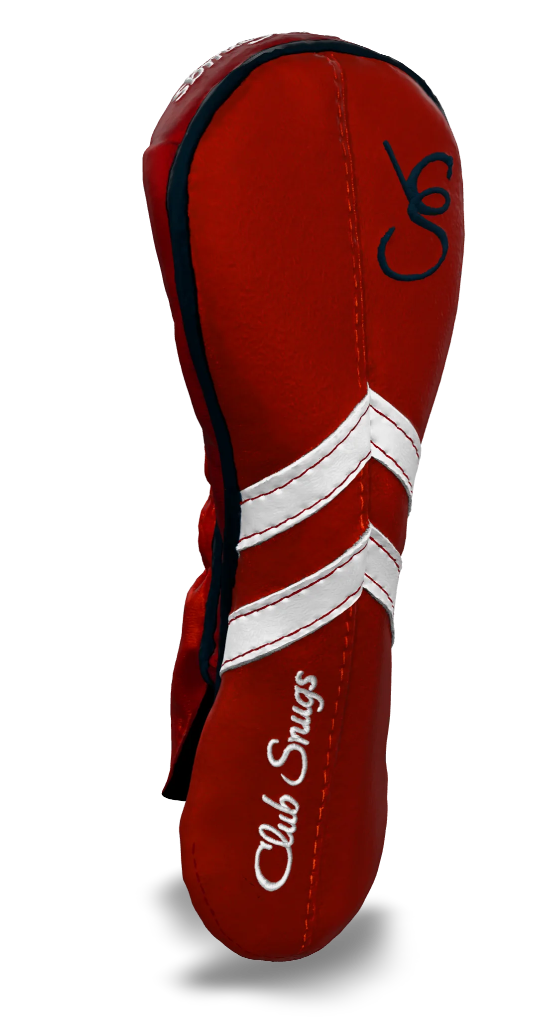 Left-Side view of a Red, Red, White, and Navy Retro-T Hybrid Headcover with Dual-V stripe and split seam