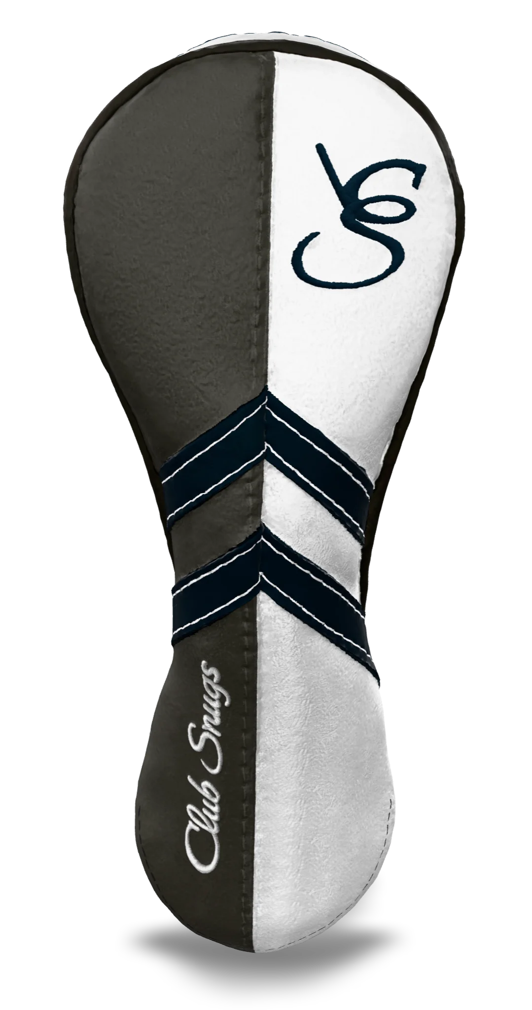Front View view of a Gray, White, Navy, and Gray Retro-T Hybrid Headcover with Dual-V stripe and split seam