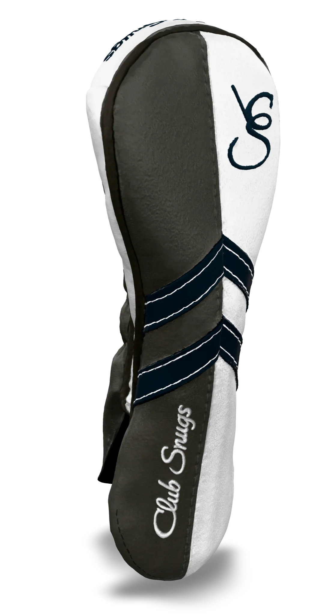Left-Side view of a Gray, White, Navy, and Gray Retro-T Hybrid Headcover with Dual-V stripe and split seam