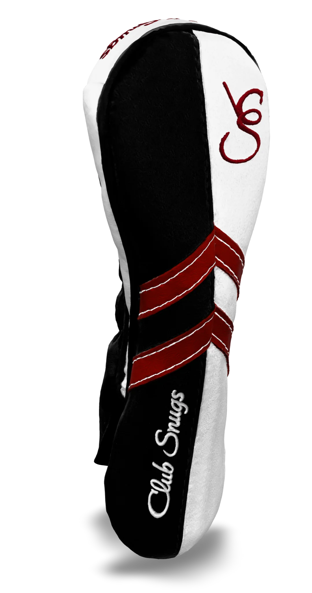 Left-Side view of a Black, White, Red, and Black Retro-T Hybrid Headcover with Dual-V stripe and split seam