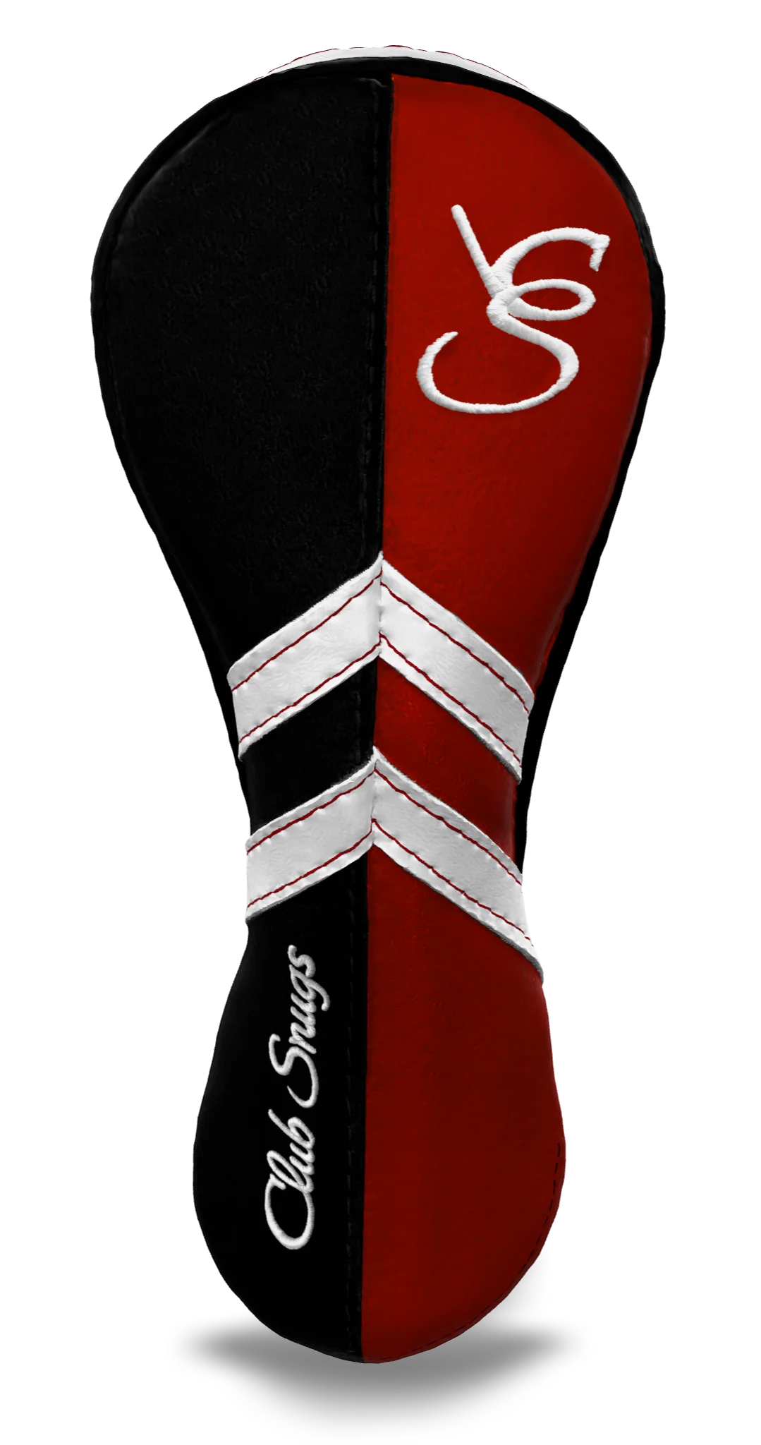 Front View view of a Black, Red, White, and Black Retro-T Hybrid Headcover with Dual-V stripe and split seam