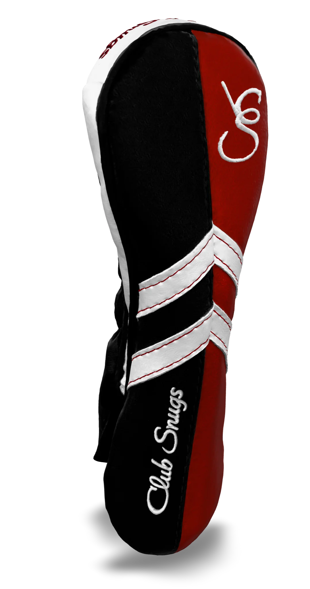 Left-Side view of a Black, Red, White, and Black Retro-T Hybrid Headcover with Dual-V stripe and split seam