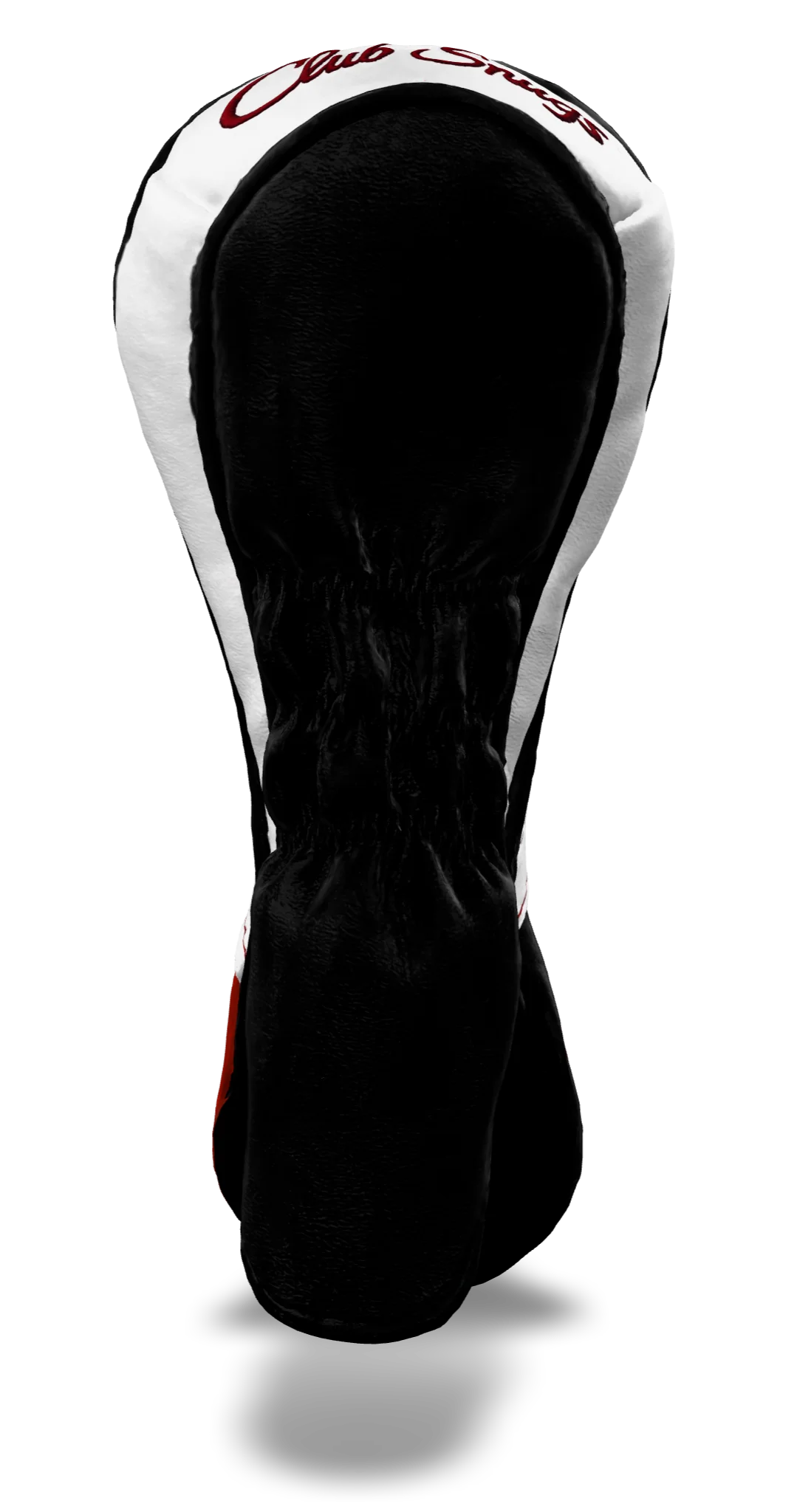 Back view of a Black, Red, White, and Black Retro-T Hybrid Headcover with Dual-V stripe and split seam