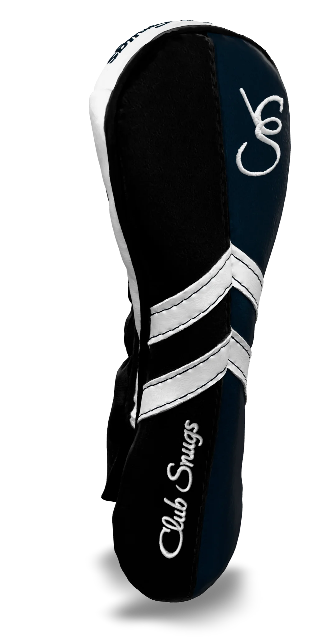 Left-Side view of a Black, Navy, White, and Black Retro-T Hybrid Headcover with Dual-V stripe and split seam