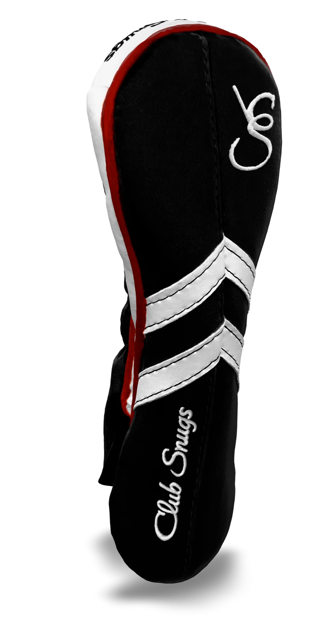 Left-Side view of a Black, Black, White, and Red Retro-T Hybrid Headcover with Dual-V stripe and split seam