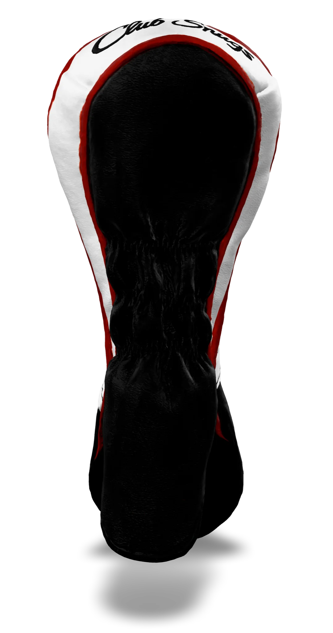 Back view of a Black, Black, White, and Red Retro-T Hybrid Headcover with Dual-V stripe and split seam