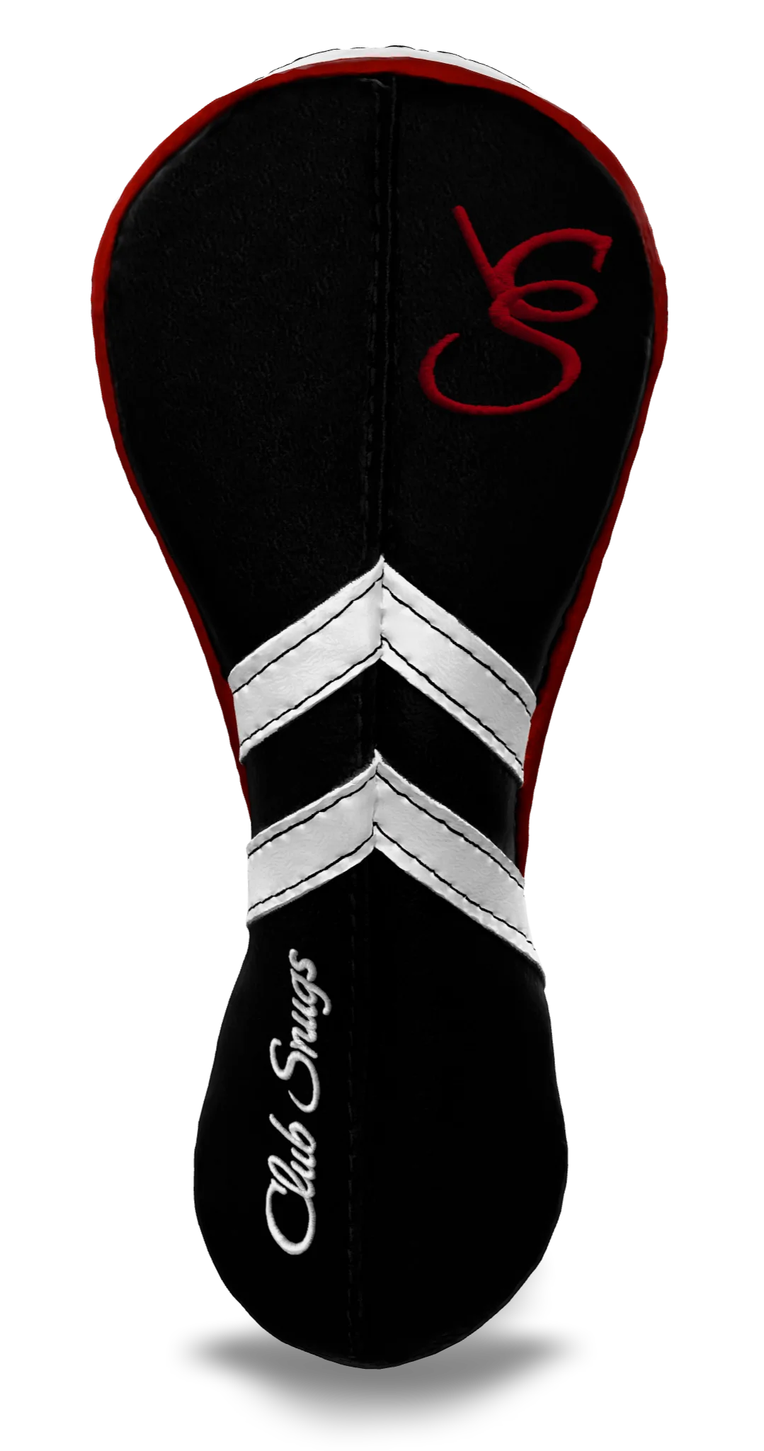 Front view of a Black, Black, White, and Red Retro-T Hybrid Headcover with Dual-V stripe and split seam