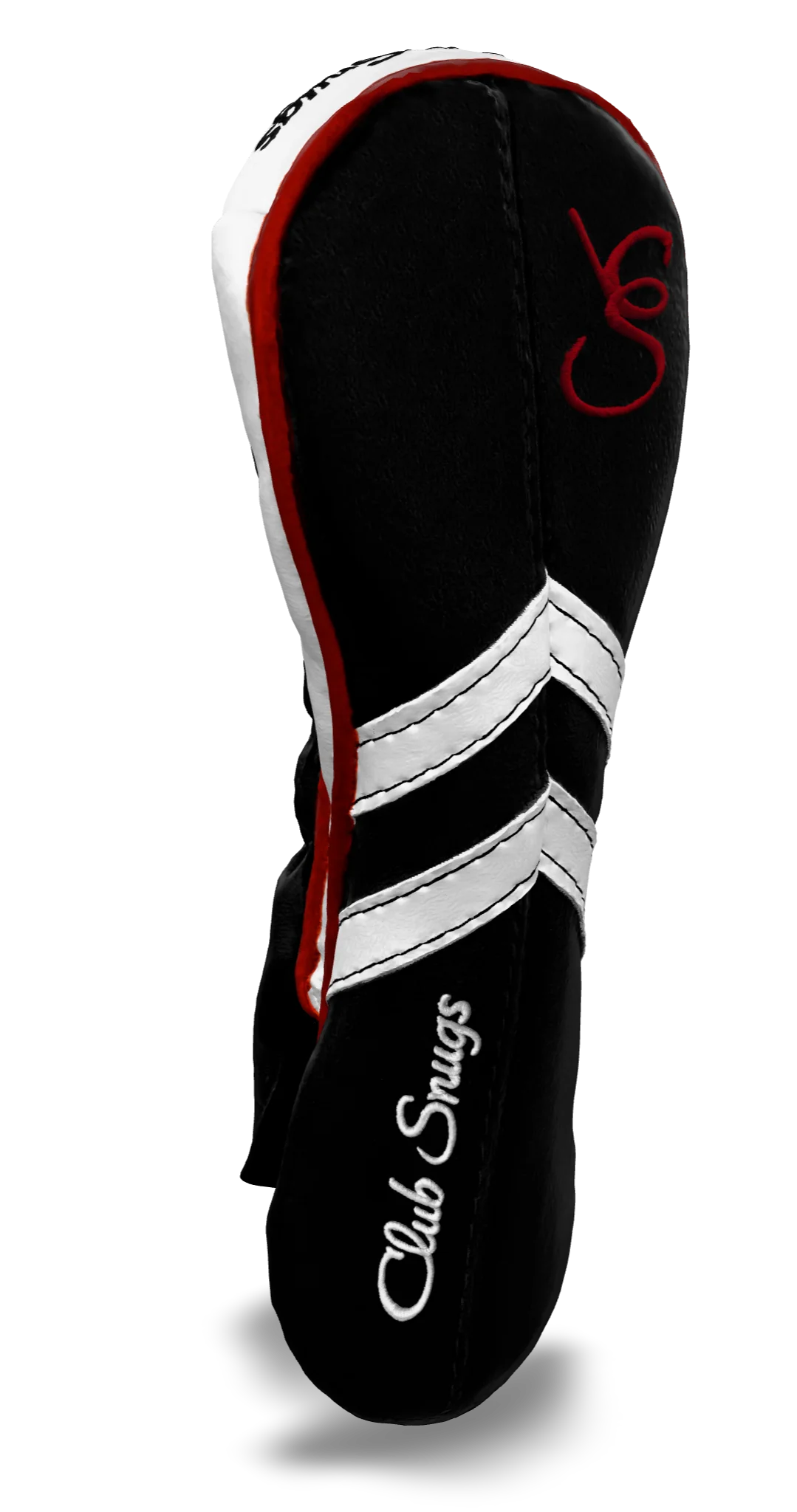 Left-Side view of a Black, Black, White, and Red Retro-T Hybrid Headcover with Dual-V stripe and split seam