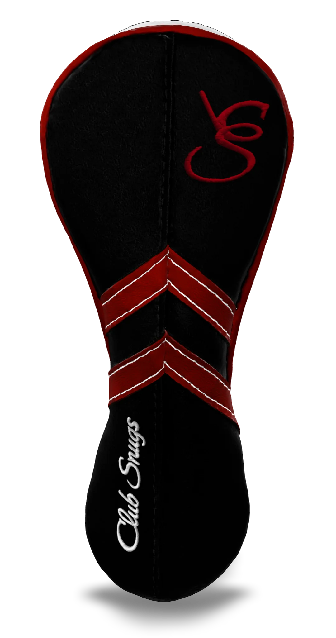 Front view of a Black, Black, Red, and Red Retro-T Hybrid Headcover with Dual-V stripe and split seam