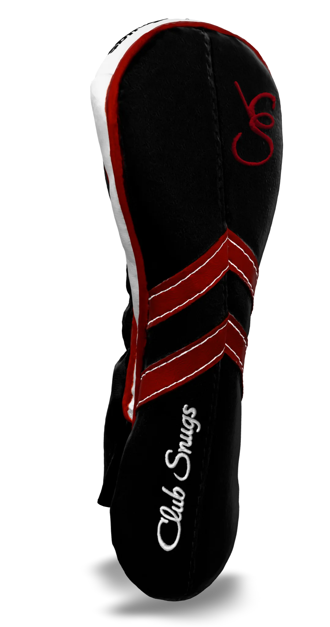 Left-Side view of a Black, Black, Red, and Red Retro-T Hybrid Headcover with Dual-V stripe and split seam