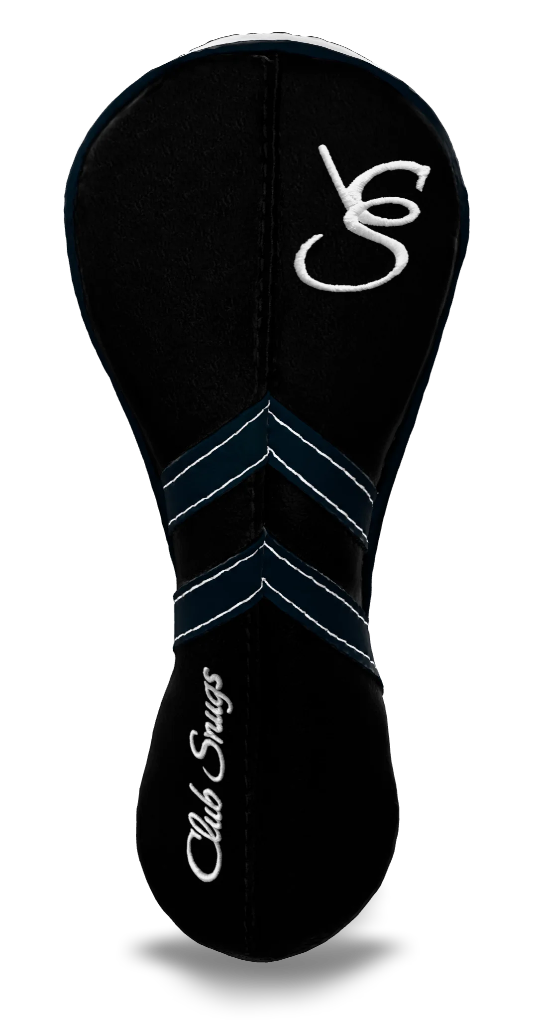 Front view of a Black, Black, Navy, and Navy Retro-T Hybrid Headcover with Dual-V stripe and split seam