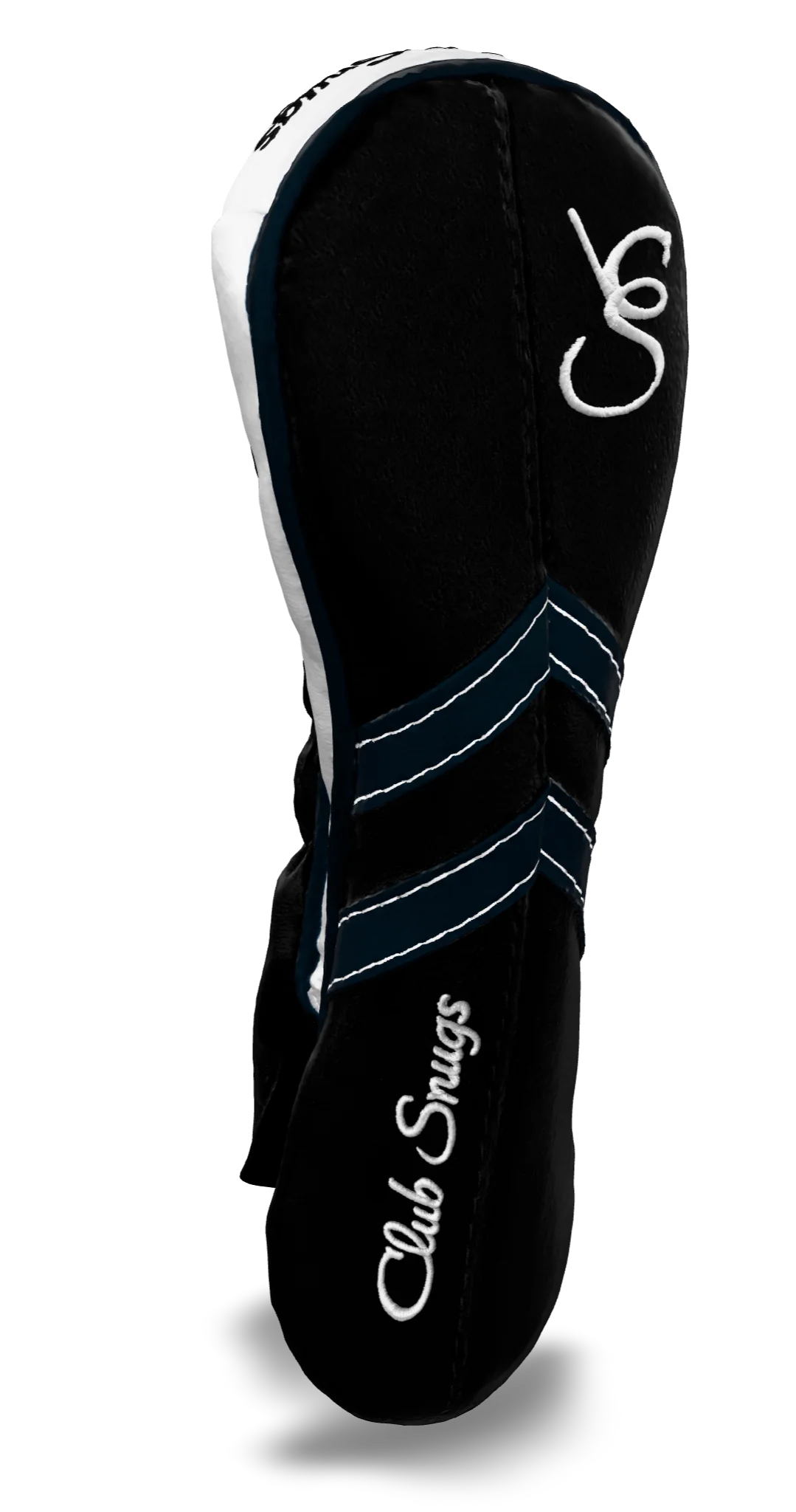Left-Side view of a Black, Black, Navy, and Navy Retro-T Hybrid Headcover with Dual-V stripe and split seam