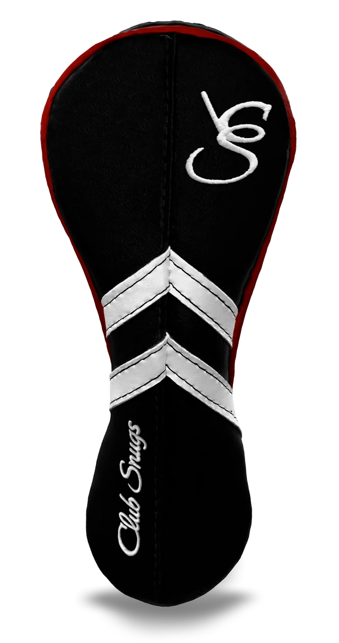 Front view of a Black, Black, White, and Red Retro-T Hybrid Headcover with Dual-V stripe and split seam