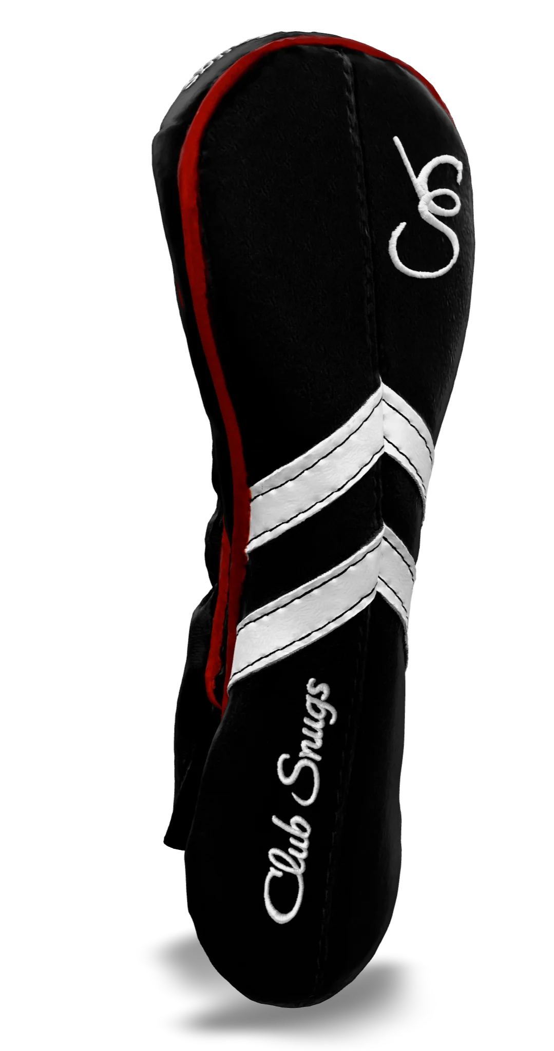 Left-Side view of a Black, Black, White, and Red Retro-T Hybrid Headcover with Dual-V stripe and split seam