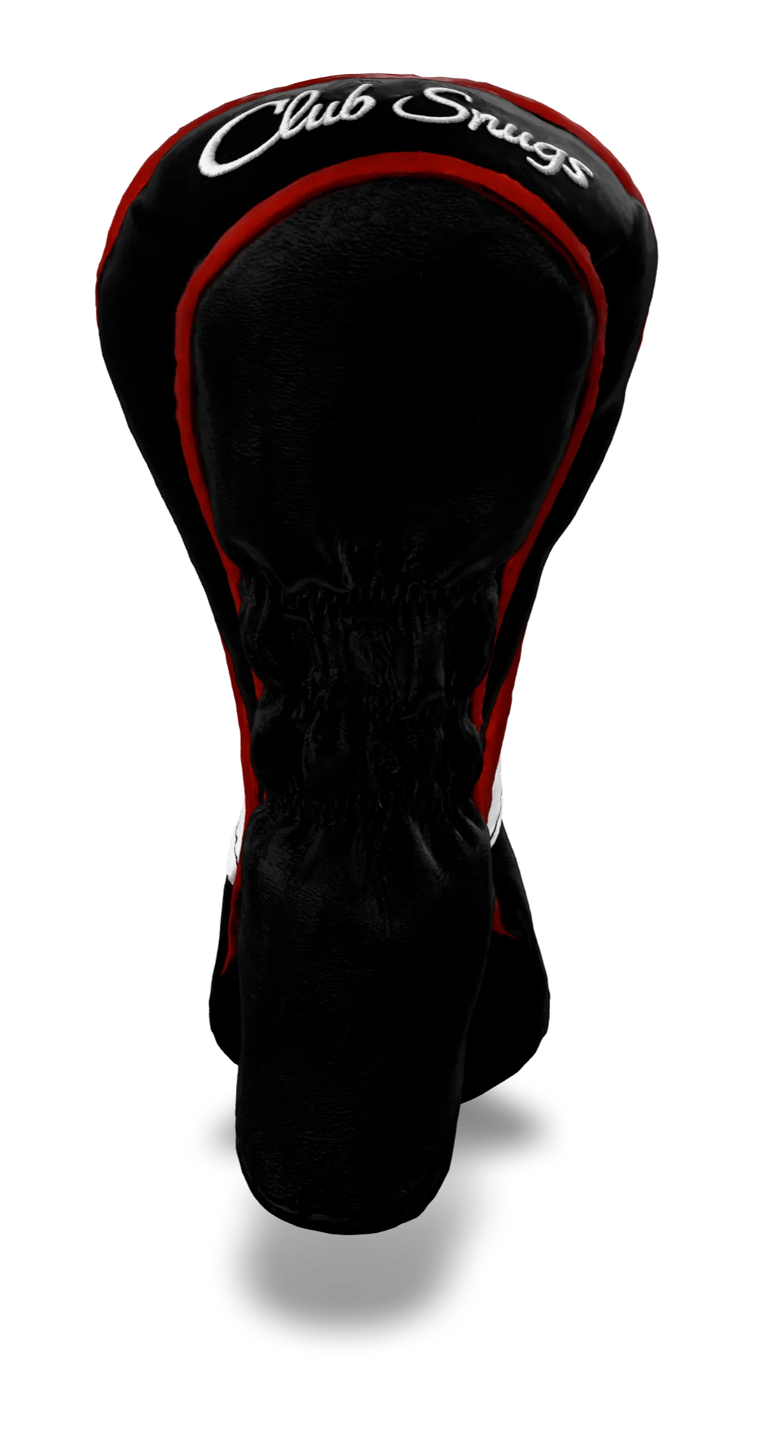 Back view of a Black, Black, White, and Red Retro-T Hybrid Headcover with Dual-V stripe and split seam