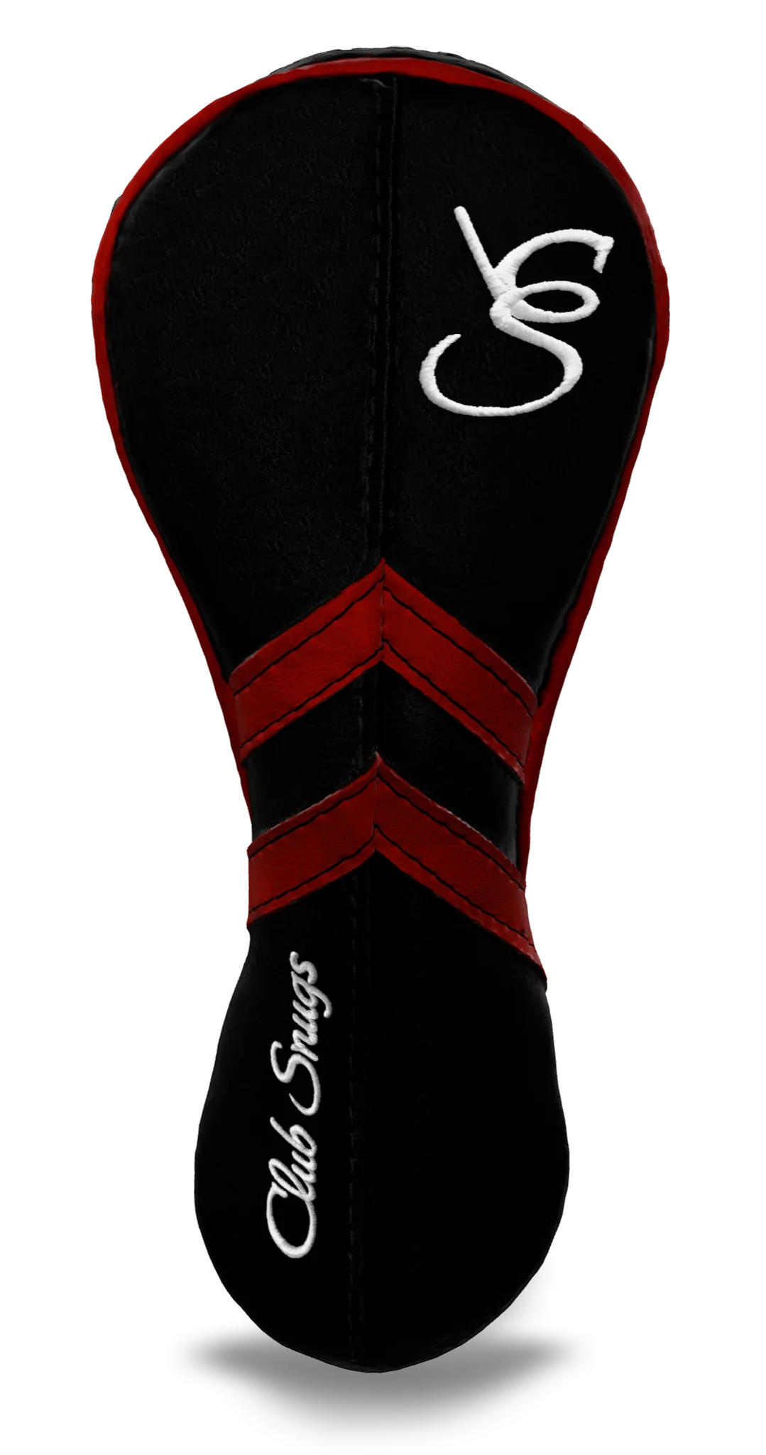 Front view of a Black, Black, Red, and Red Retro-T Hybrid Headcover with Dual-V stripe and split seam