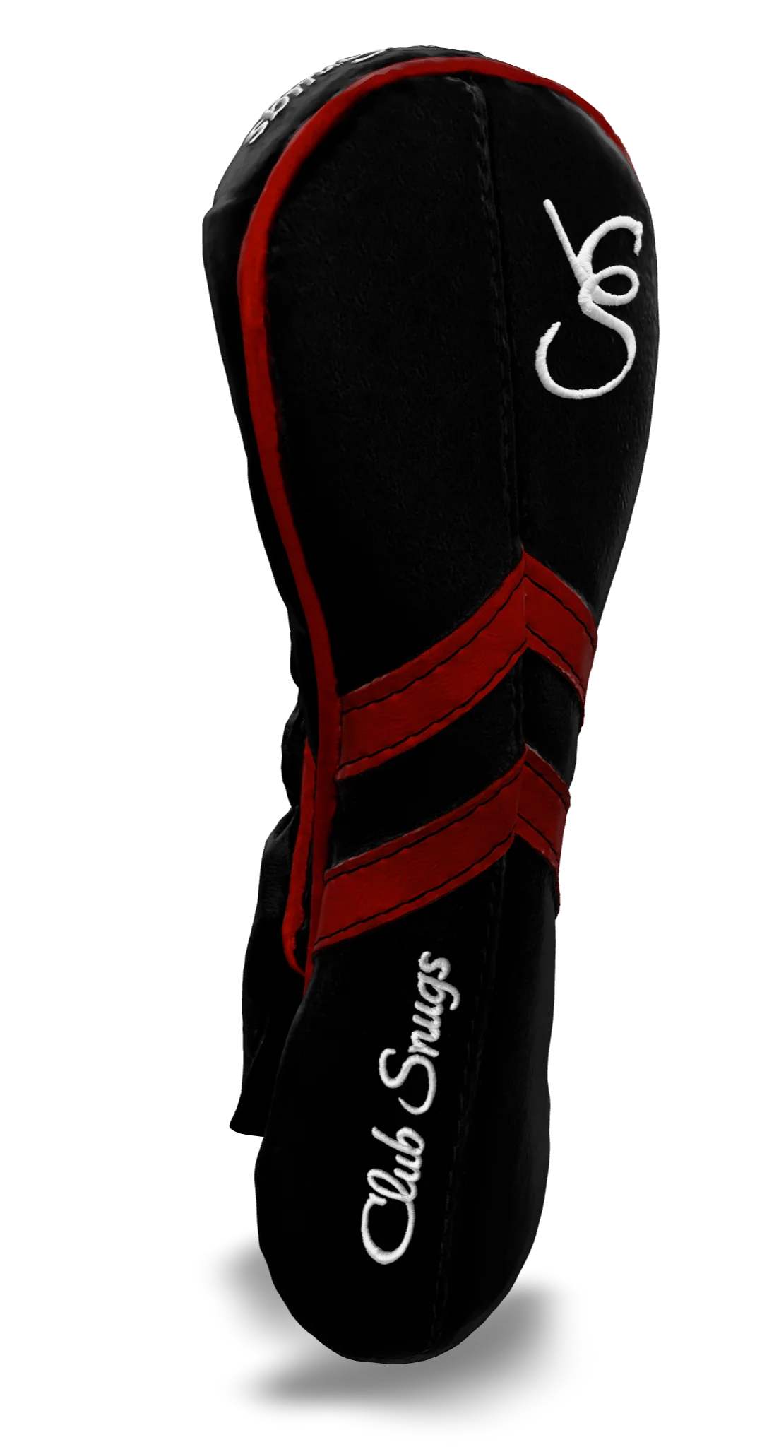 Left-Side view of a Black, Black, Red, and Red Retro-T Hybrid Headcover with Dual-V stripe and split seam