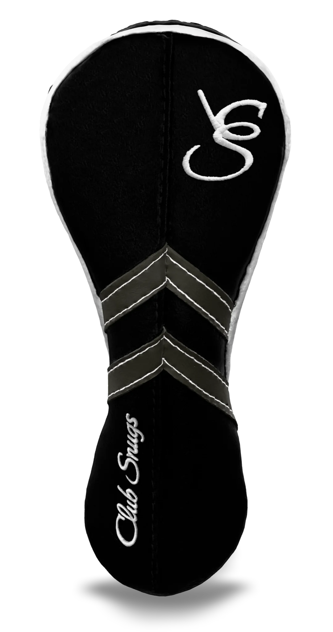 Front view of a Black, Black, Gray, and White Retro-T Hybrid Headcover with Dual-V stripe and split seam