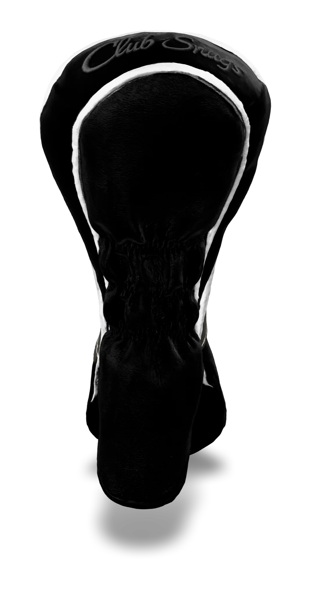 Back view of a Black, Black, Gray, and White Retro-T Hybrid Headcover with Dual-V stripe and split seam