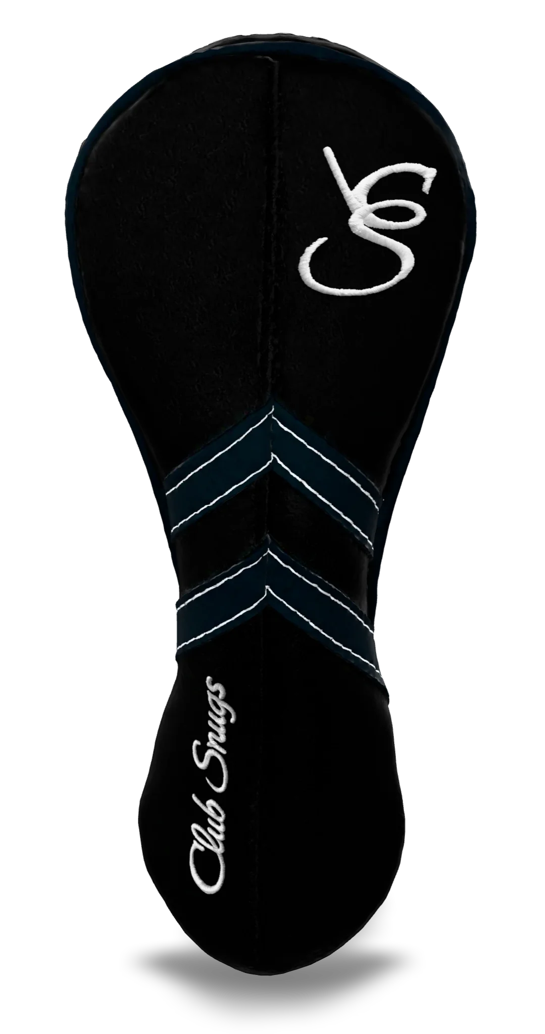 Front view of a Black, Black, Navy, and Navy Retro-T Hybrid Headcover with Dual-V stripe and split seam