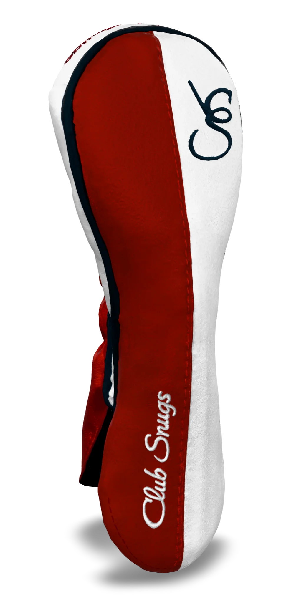 Left-Side view of a Exclusive Red, White, Navy, and Navy Classic Hybrid Headcover with split seam
