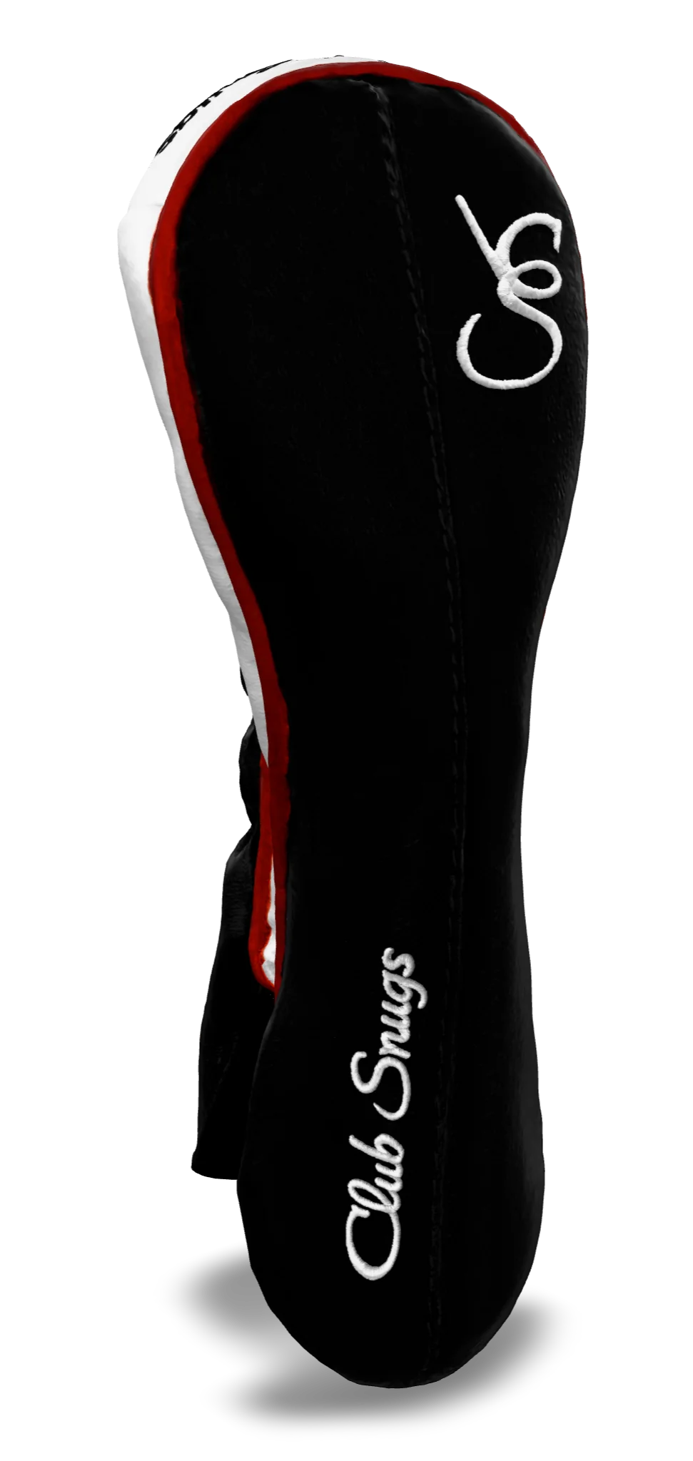Left-Side view of a Exclusive Black, Black, Red, and White Classic Hybrid Headcover with split seam