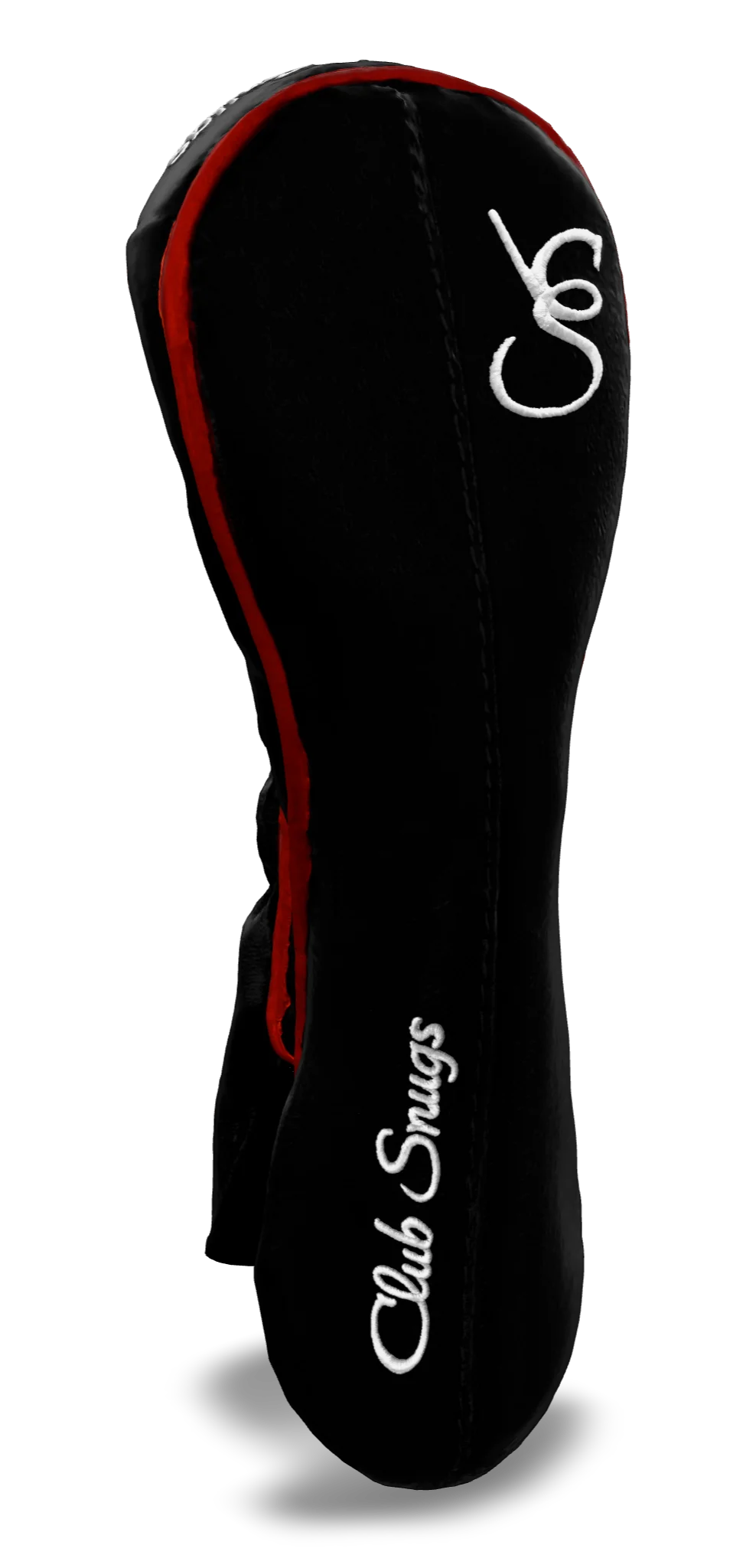 Left-Side view of a Exclusive Black, Black, Red, and White Classic Hybrid Headcover with split seam