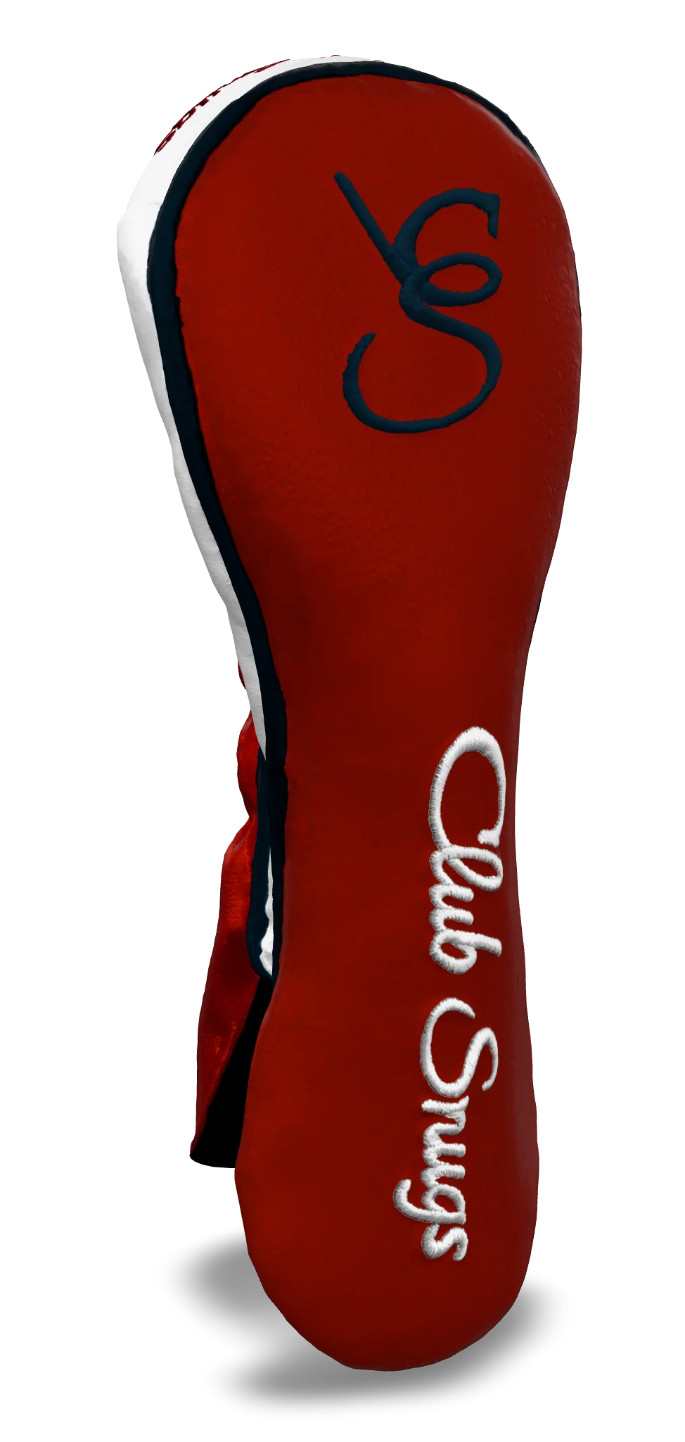 Left-Side view of a Bold Red, Navy, White, and Navy Shield Hybrid Headcover with large branding