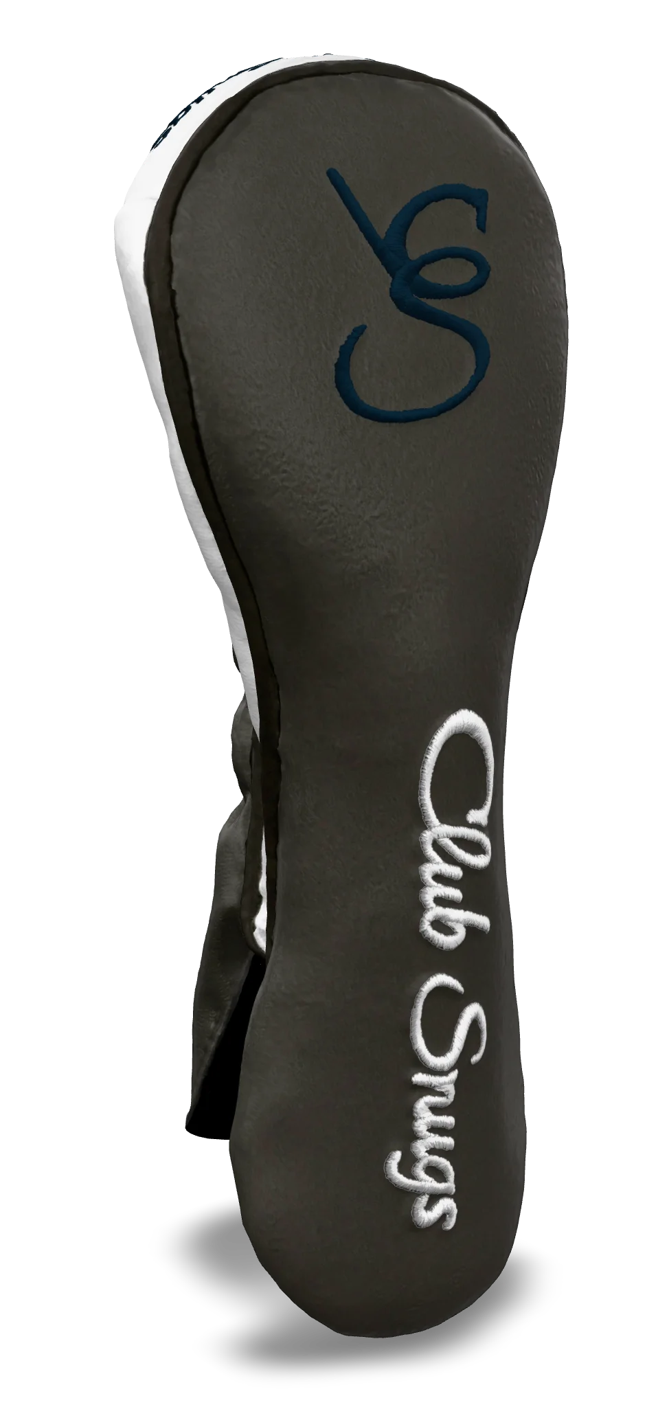 Left-Side view of a Bold Gray, Gray, White, and Navy Shield Hybrid Headcover with large branding
