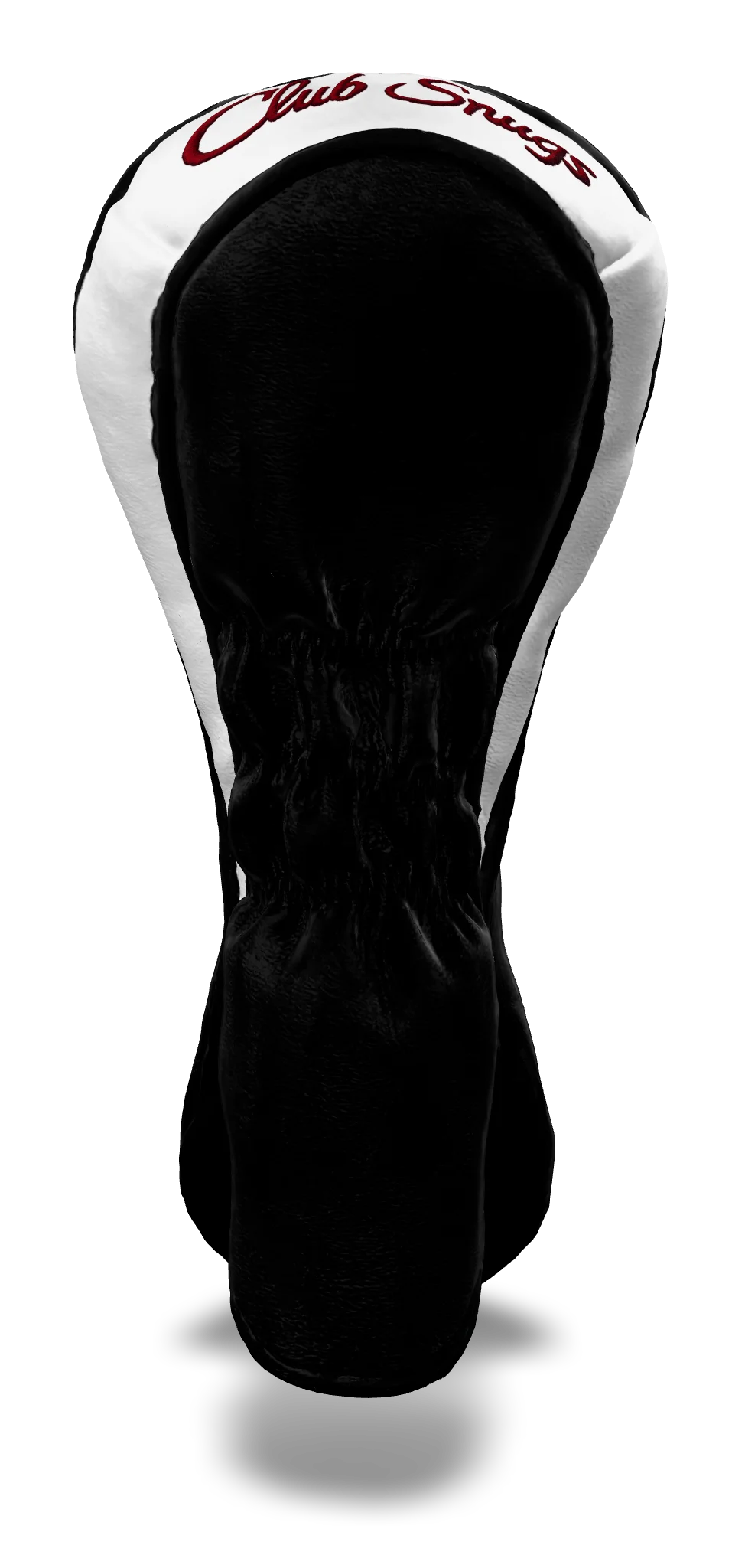Back view of a Bold Black, Black, White, and Red Shield Hybrid Headcover with large branding