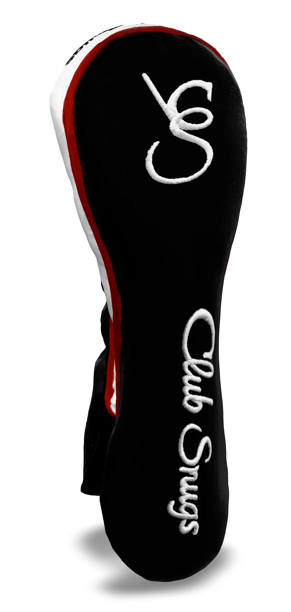 Left-Side view of a Bold Black, Red, White, and White Shield Hybrid Headcover with large branding