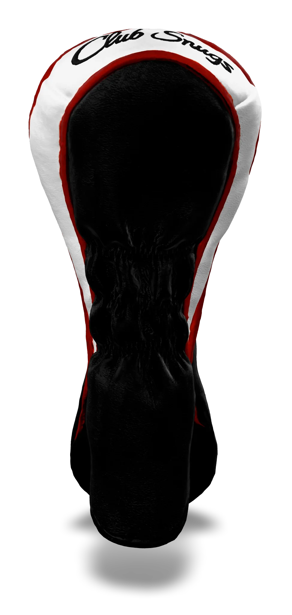 Back view of a Bold Black, Red, White, and White Shield Hybrid Headcover with large branding