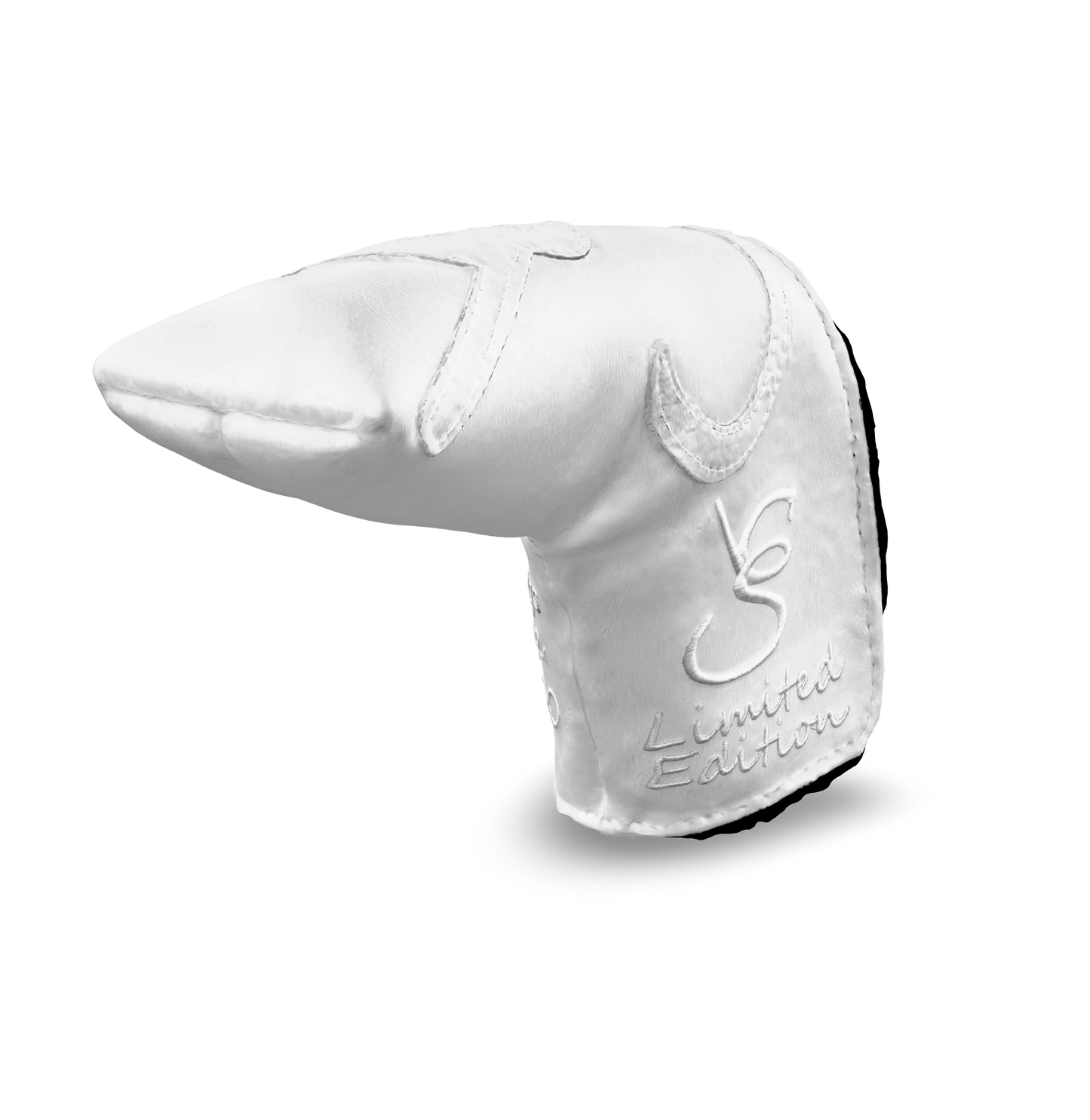 Right side view of the CS Proto Blade Putter Headcover in White, White, and White, featuring the exclusive signature logo and limited edition badging, highlighting the craftsmanship and design.